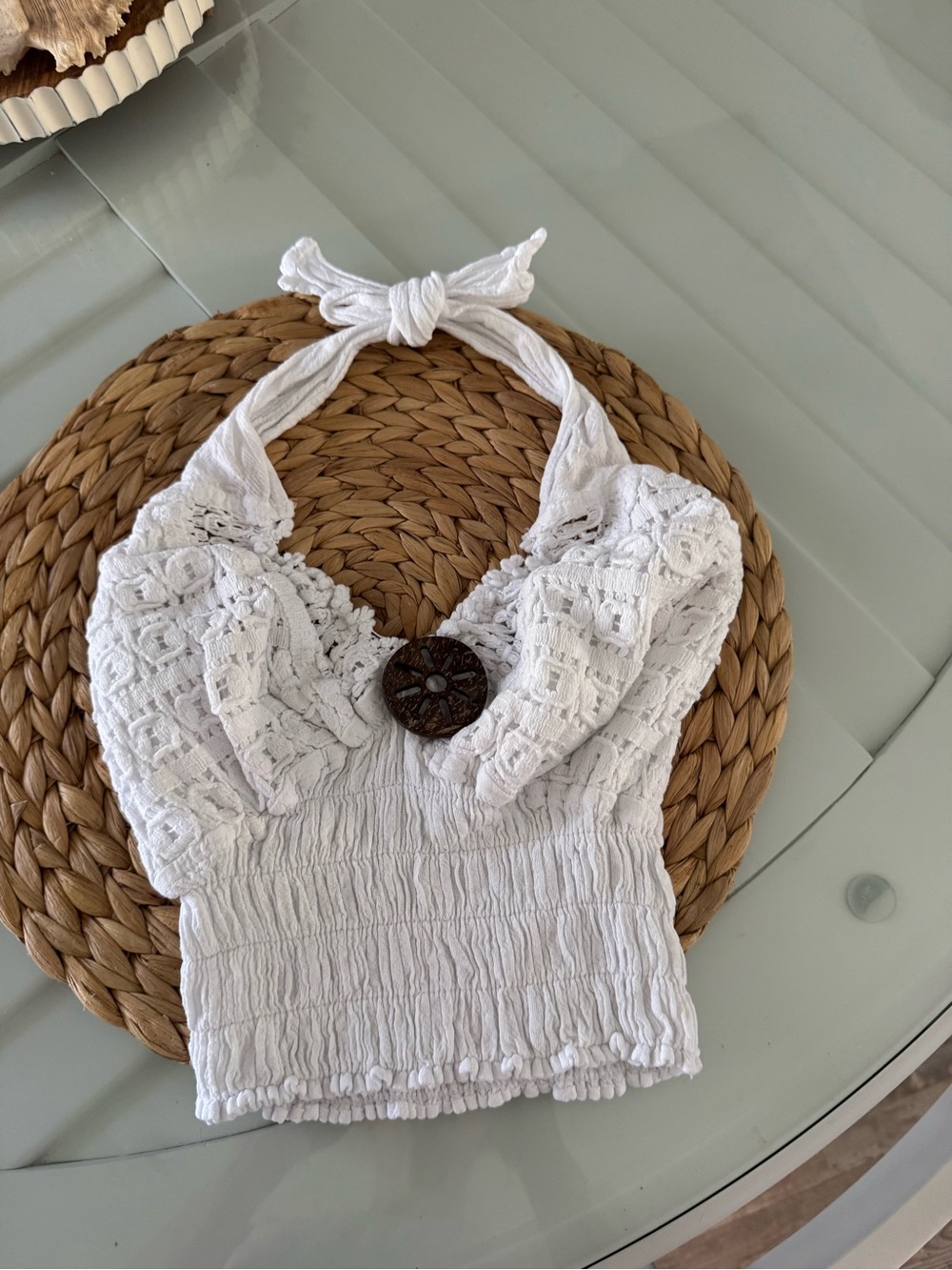 White Crochet Halter Crop Top with Button Accent